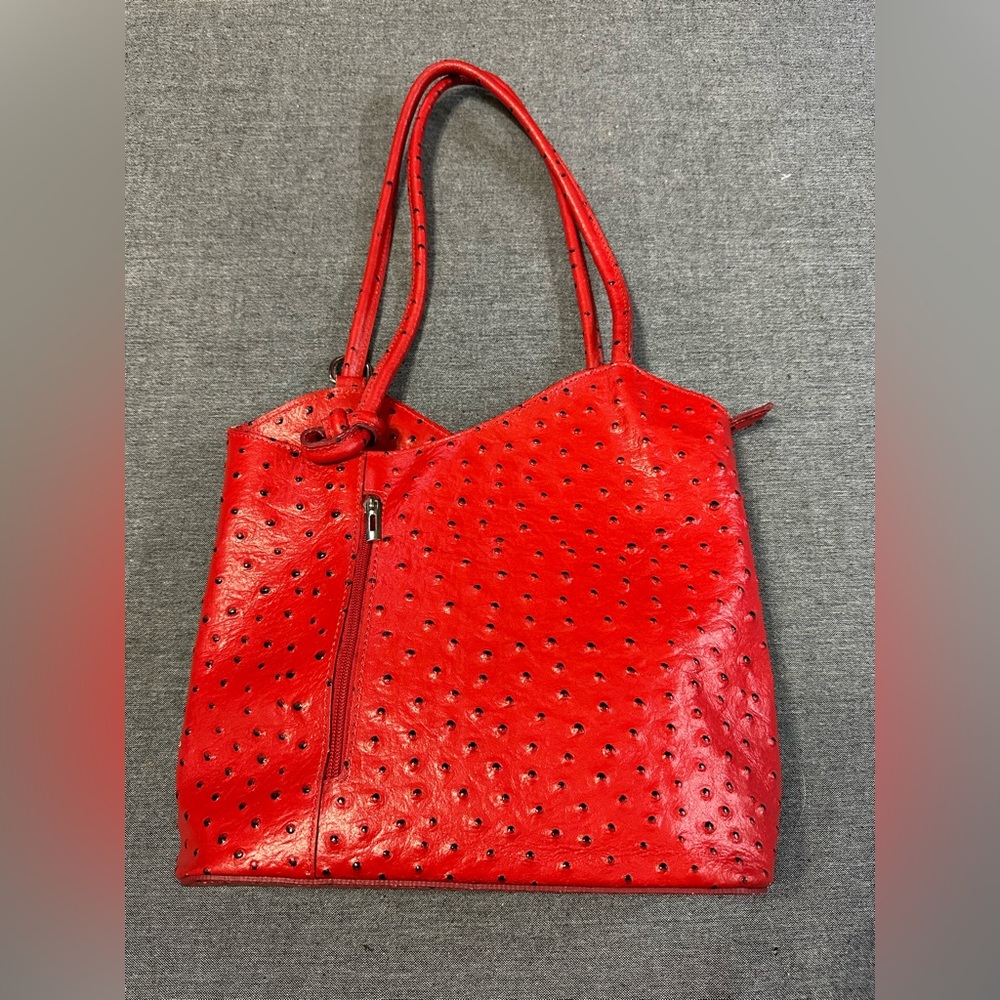 Beautiful Red Italian (Ostrich?) Leather Bag. Convertible to Backpack.